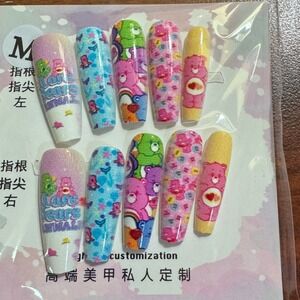 Care Bears Press On Nails Long Coffin Cute Cartoon False Nail Art Set
